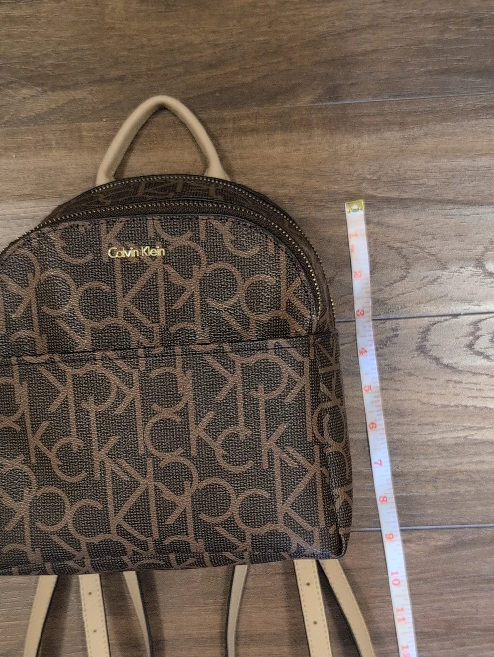 Calvin Klein Brown Monogram Mini Backpack with Tan Handle